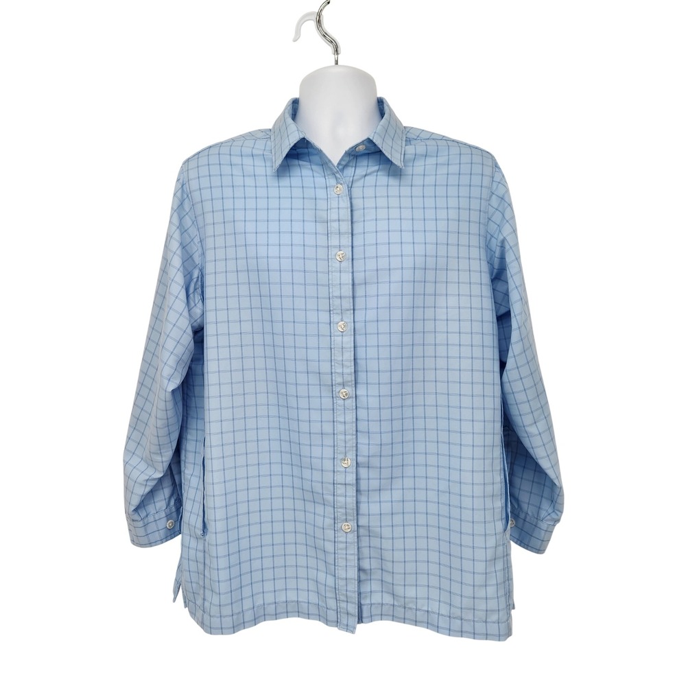 Coolibar Men's UPF 50+ Blue Checkered Vented Long Sleeve Hiking Shirt Large